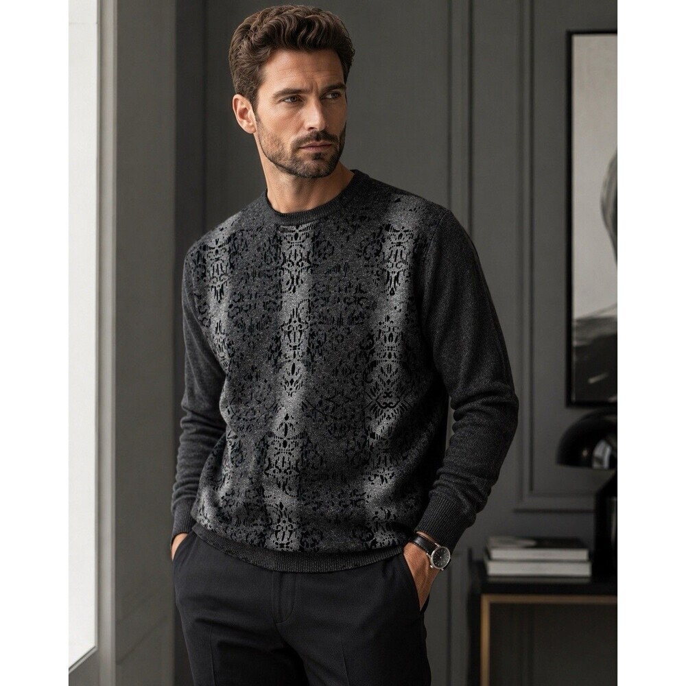 Nanibon Cashmere Blend Sweater Men’s XL 54 Gray Flocked Damask Made Italy